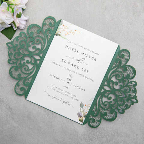 NingsPaper Emerald Green Laser Cut Invitation Cards with Ribbons and Rhinestone Pearls
