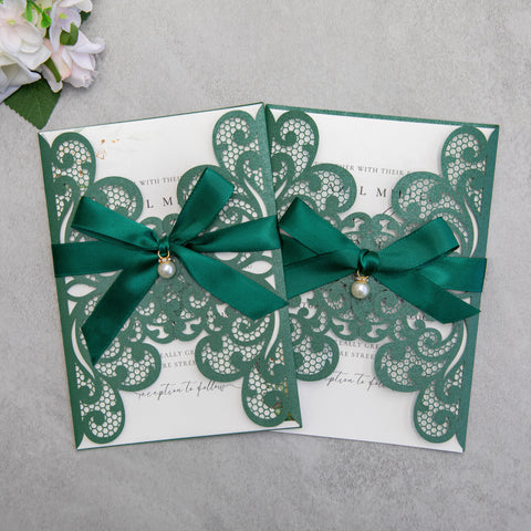 NingsPaper Emerald Green Laser Cut Invitation Cards with Ribbons and Rhinestone Pearls