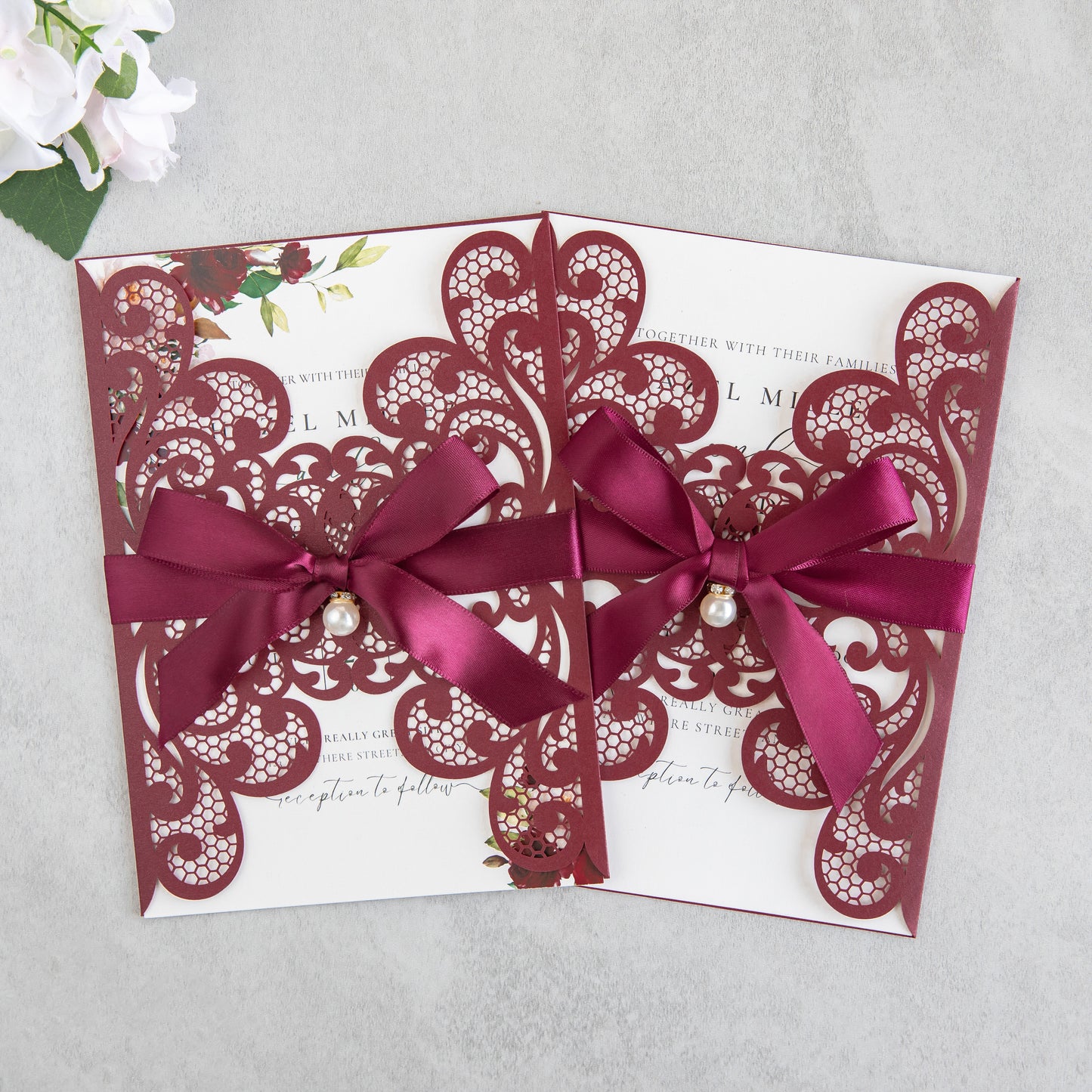 NingsPaper Burgundy Laser Cut Invitation Cards with Ribbons and Rhinestone Pearls