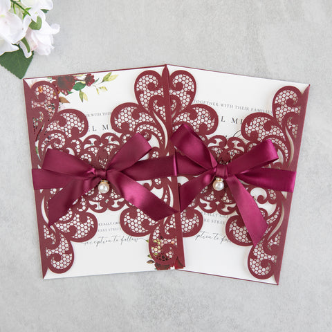 NingsPaper Burgundy Laser Cut Invitation Cards with Ribbons and Rhinestone Pearls