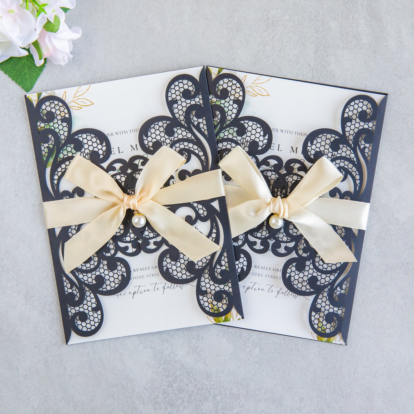 NingsPaper Black Laser Cut Invitation Cards with Ribbons and Rhinestone Pearls