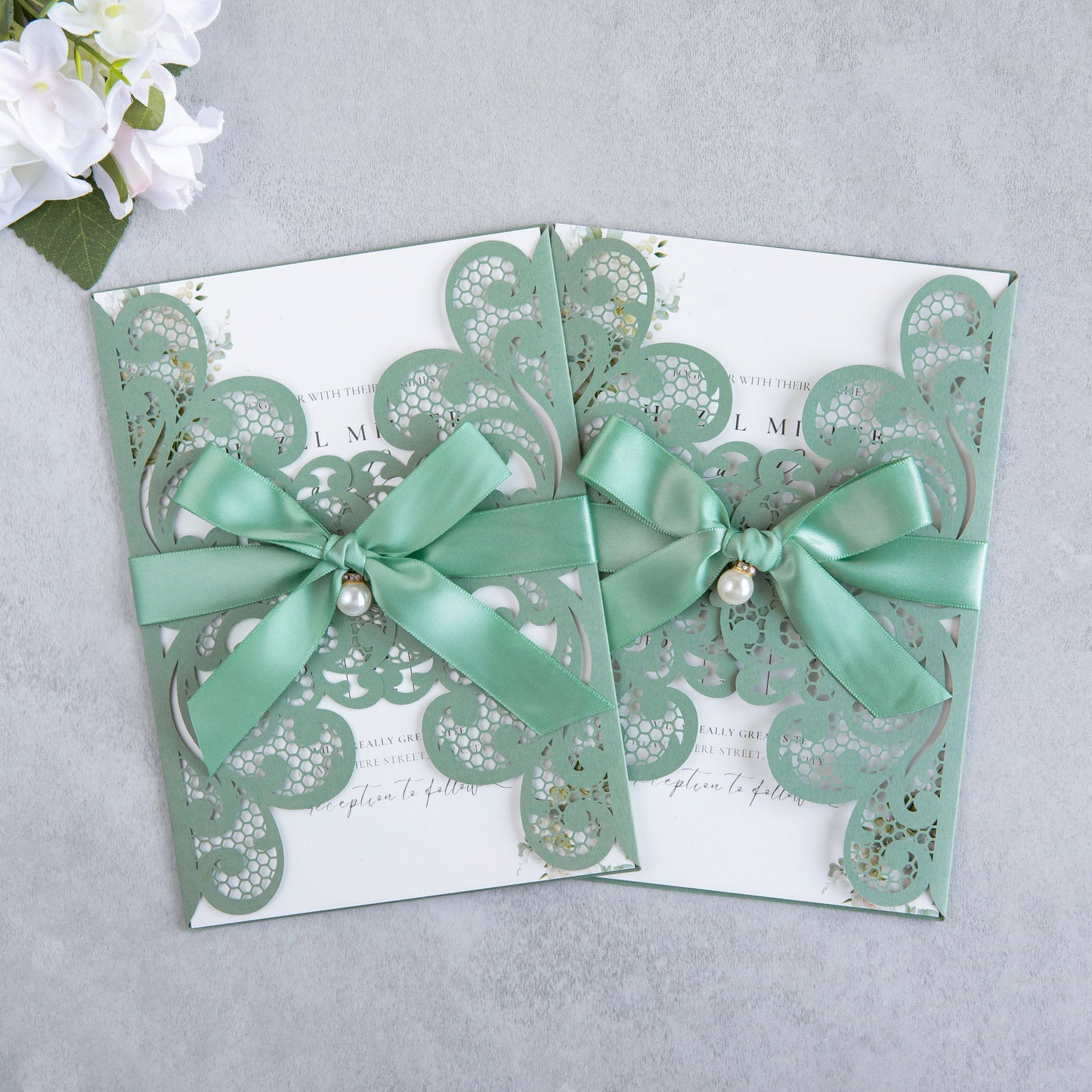 NingsPaper Sage Green Laser Cut Invitation Cards with Ribbons and Rhinestone Pearls