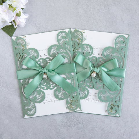 NingsPaper Sage Green Laser Cut Invitation Cards with Ribbons and Rhinestone Pearls