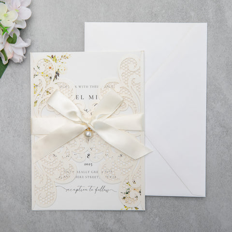 NingsPaper Ivory Laser Cut Invitation Cards with Ribbons and Rhinestone Pearls
