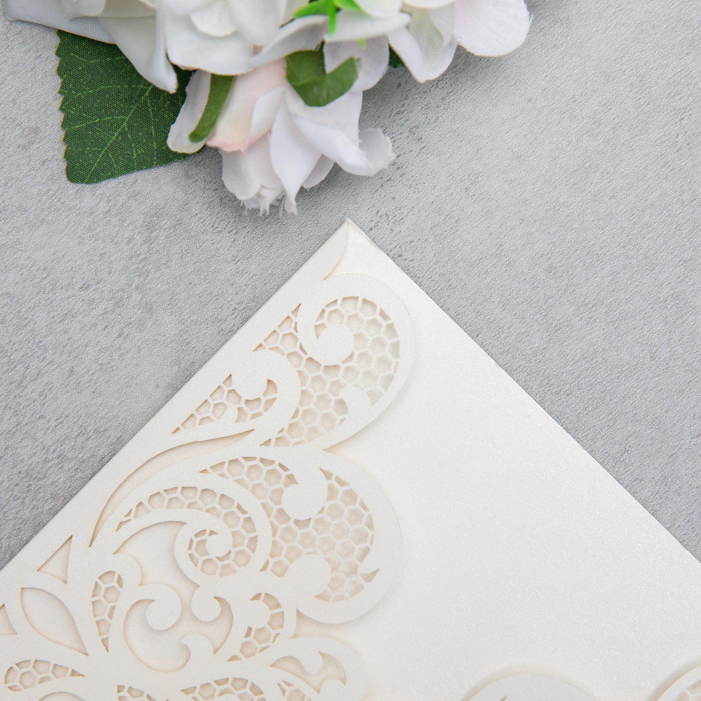 NingsPaper Ivory Laser Cut Invitation Cards with Ribbons and Rhinestone Pearls