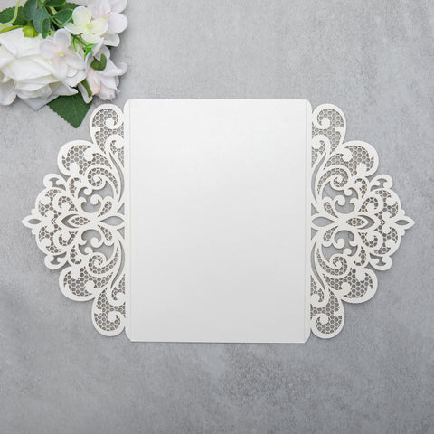 NingsPaper Ivory Laser Cut Invitation Cards with Ribbons and Rhinestone Pearls