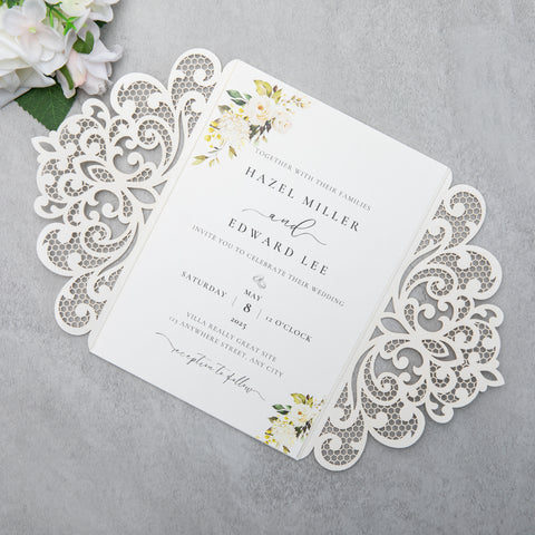 NingsPaper Ivory Laser Cut Invitation Cards with Ribbons and Rhinestone Pearls