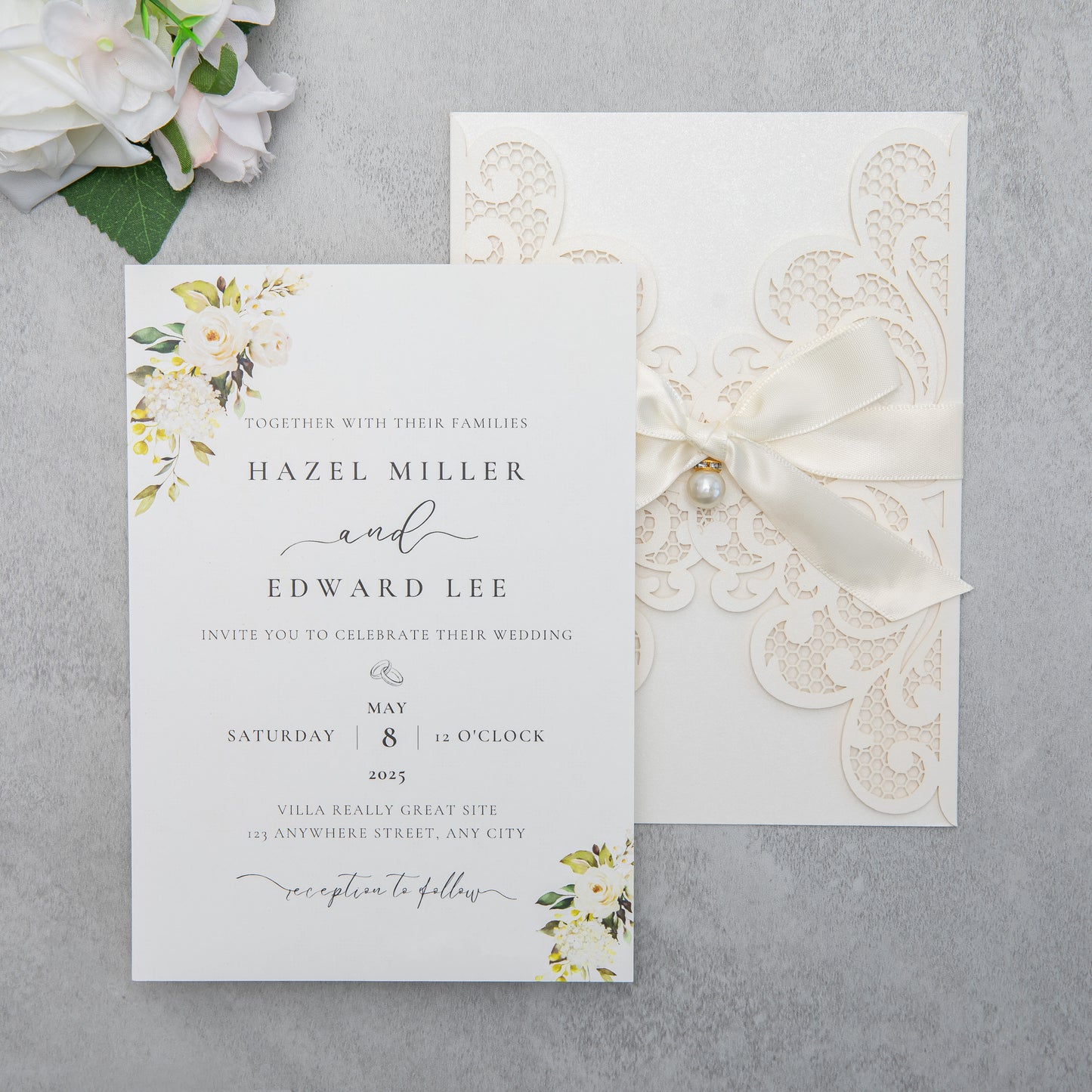NingsPaper Ivory Laser Cut Invitation Cards with Ribbons and Rhinestone Pearls
