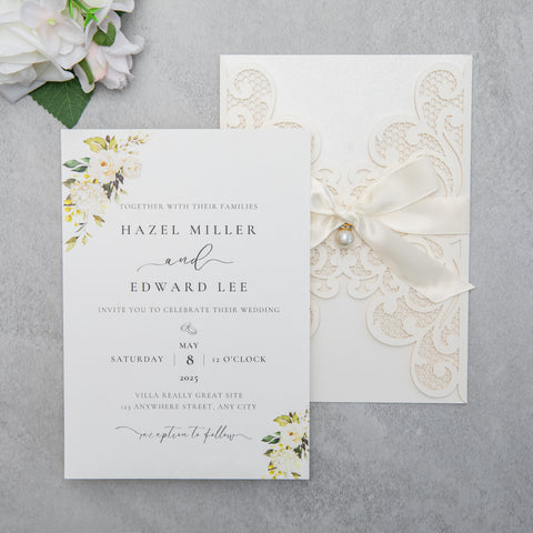 NingsPaper Ivory Laser Cut Invitation Cards with Ribbons and Rhinestone Pearls