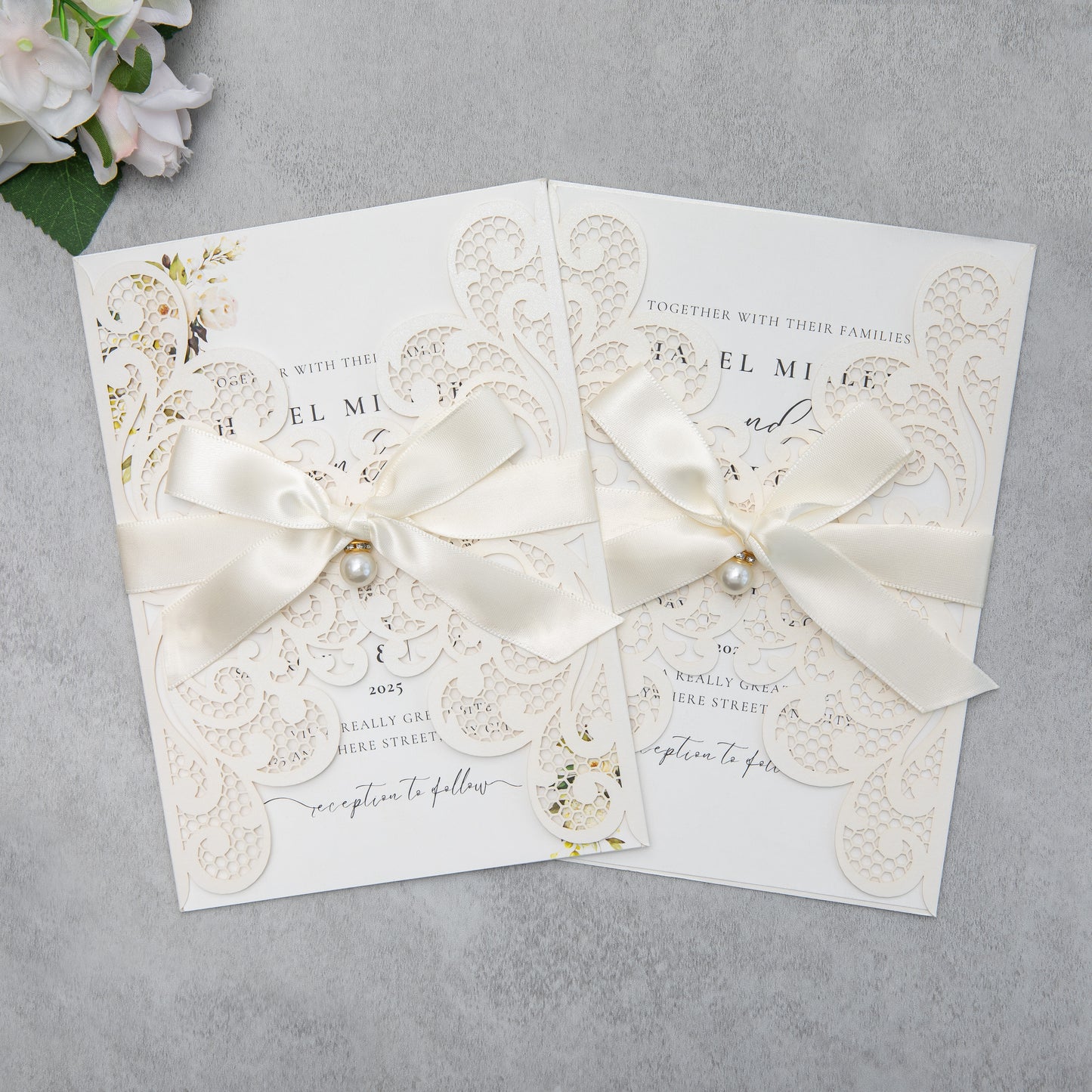 NingsPaper Ivory Laser Cut Invitation Cards with Ribbons and Rhinestone Pearls
