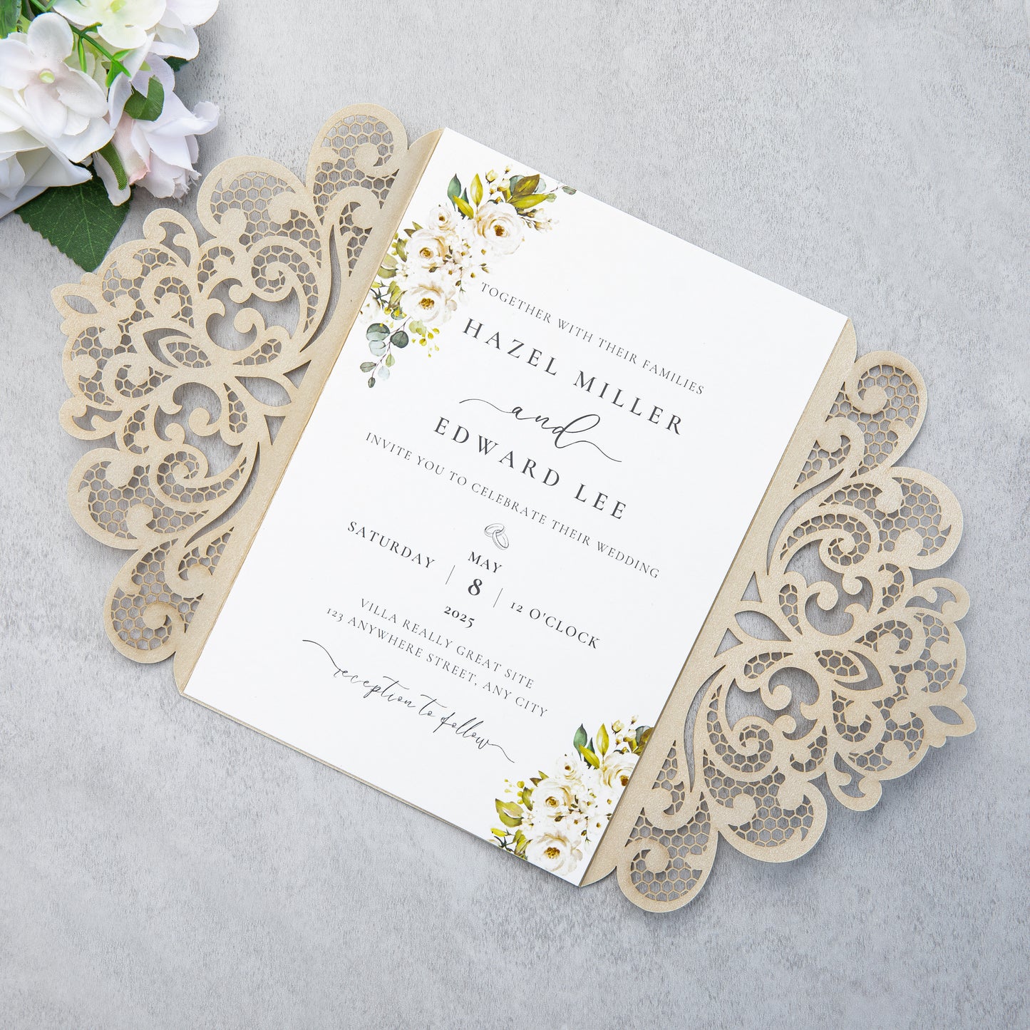 NingsPaper Champagne Laser Cut Invitation Cards with Ribbons and Rhinestone Pearls
