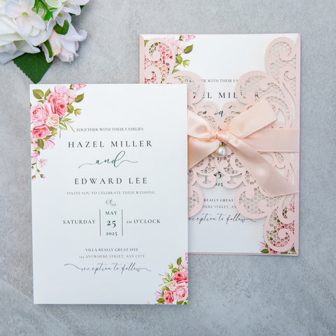 NingsPaper Blush Pink Laser Cut Invitation Cards with Ribbons and Rhinestone Pearls