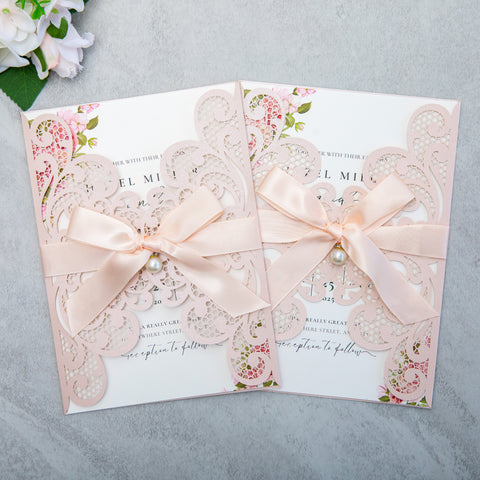 NingsPaper Blush Pink Laser Cut Invitation Cards with Ribbons and Rhinestone Pearls