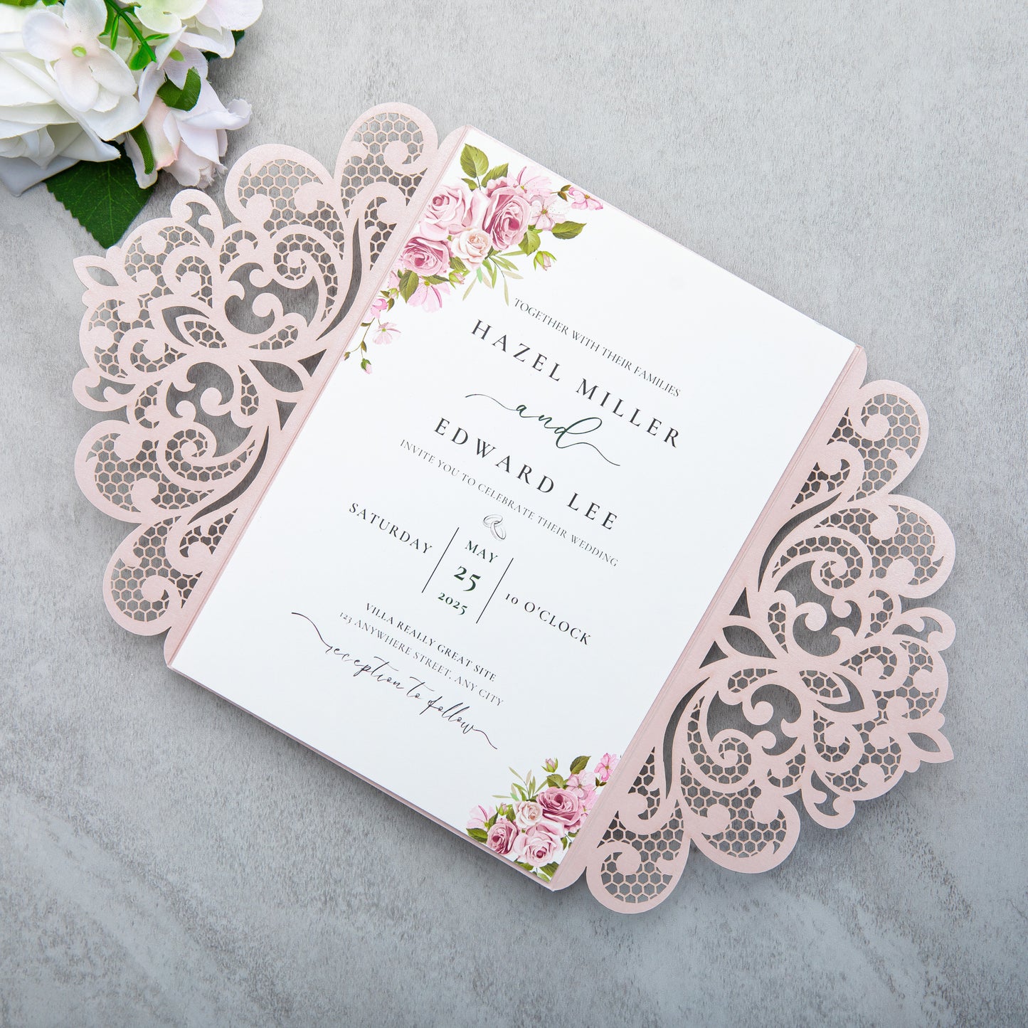 NingsPaper Blush Pink Laser Cut Invitation Cards with Ribbons and Rhinestone Pearls