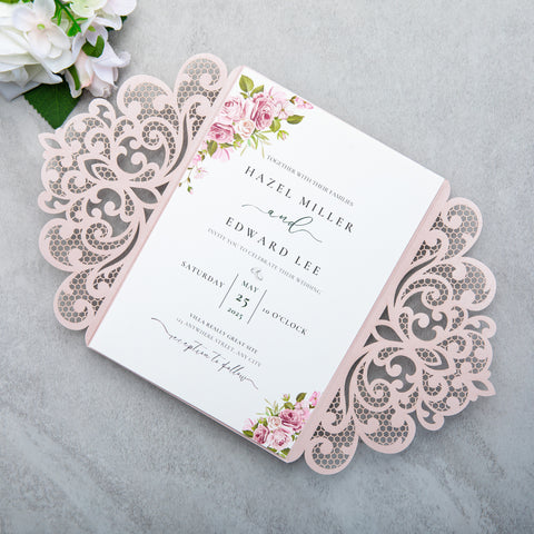 NingsPaper Blush Pink Laser Cut Invitation Cards with Ribbons and Rhinestone Pearls