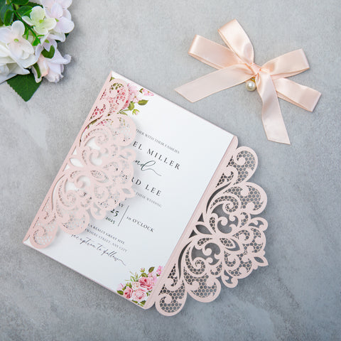NingsPaper Blush Pink Laser Cut Invitation Cards with Ribbons and Rhinestone Pearls