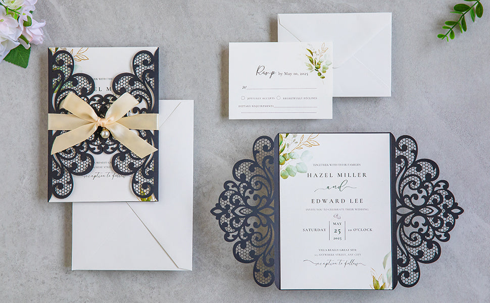 NingsPaper Black Laser Cut Invitation Cards with Ribbons and Rhinestone Pearls