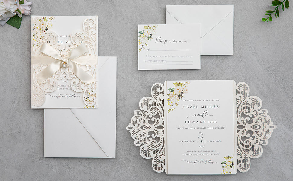 NingsPaper Ivory Laser Cut Invitation Cards with Ribbons and Rhinestone Pearls