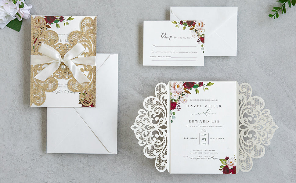 NingsPaper Rose Gold Laser Cut Invitation Cards with Ribbons and Rhinestone Pearls