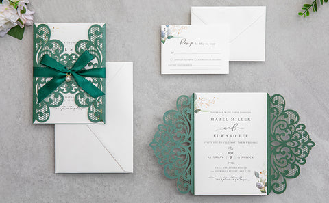 NingsPaper Emerald Green Laser Cut Invitation Cards with Ribbons and Rhinestone Pearls