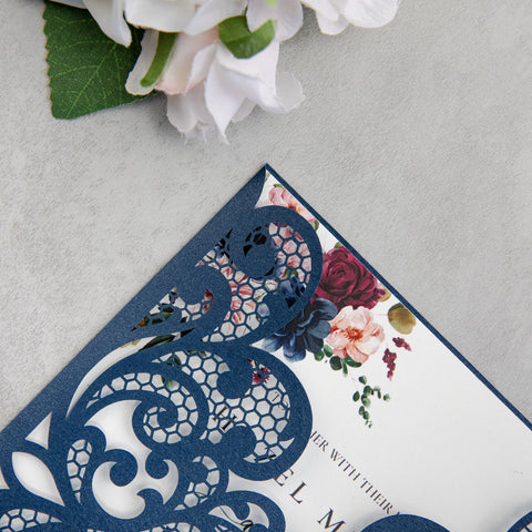 NingsPaper Navy Blue Laser Cut Invitation Cards with Ribbons and Rhinestone Pearls