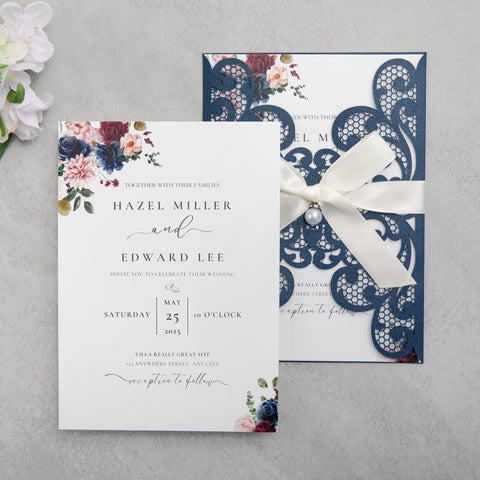 NingsPaper Navy Blue Laser Cut Invitation Cards with Ribbons and Rhinestone Pearls