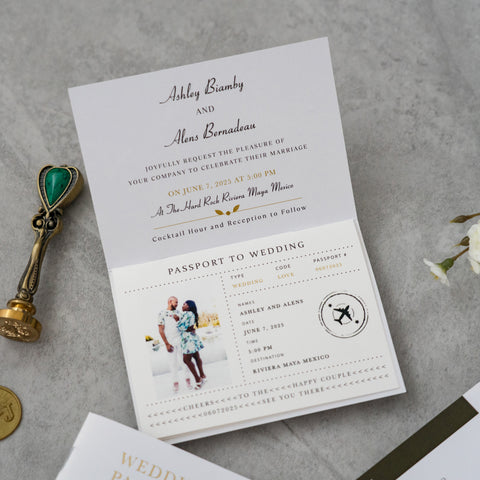 NingsPaper White Wedding Passport Invite in Pocket & Mirror Tag Passport Invitation Suite