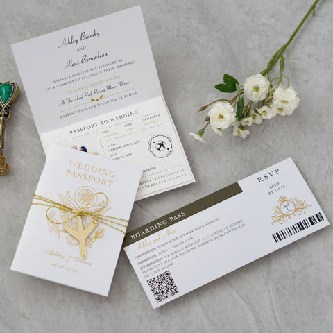 NingsPaper White Wedding Passport Invite in Pocket & Mirror Tag Passport Invitation Suite
