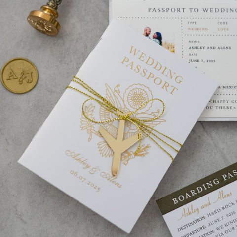 NingsPaper White Wedding Passport Invite in Pocket & Mirror Tag Passport Invitation Suite