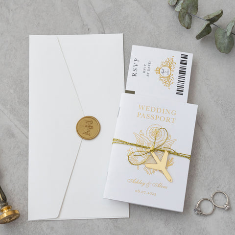 NingsPaper White Wedding Passport Invite in Pocket & Mirror Tag Passport Invitation Suite