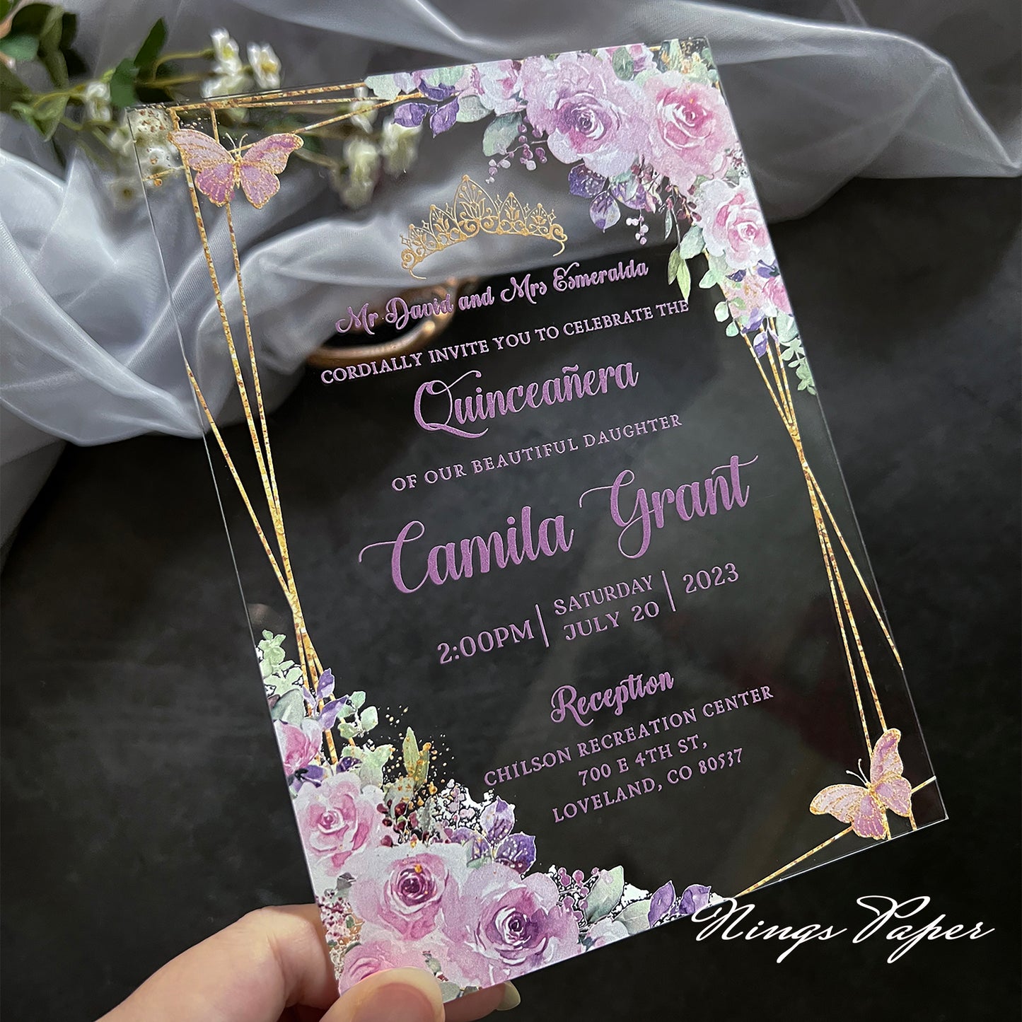 1mm/0.04" Lilac Acrylic Quinceanera Invitation Cards with Envelopes