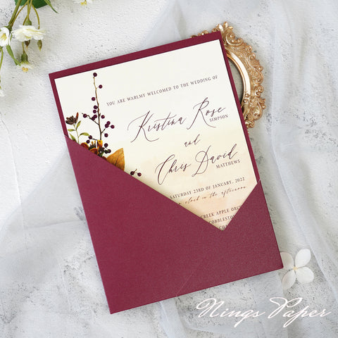 NingsPaper Burgundy Panel Pocket Wedding Invitations Cards with Envelopes