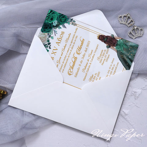 1mm/0.04" Emerald Green Acrylic Quinceanera Invitation Cards with Envelopes (EG029)