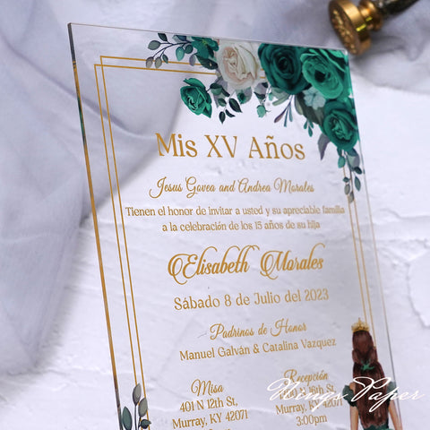 1mm/0.04" Emerald Green Acrylic Quinceanera Invitation Cards with Envelopes (EG029)