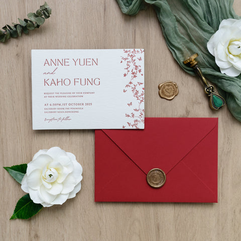 NingsPaper Red Foil Print in Gold Envelopes with Letterpress Floral Wedding Invitation Card