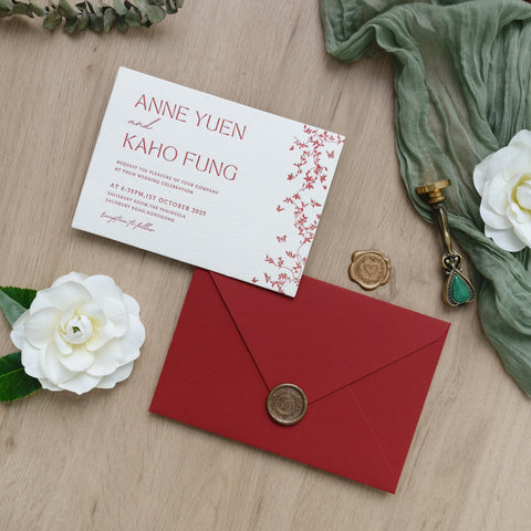 NingsPaper Red Foil Print in Gold Envelopes with Letterpress Floral Wedding Invitation Card