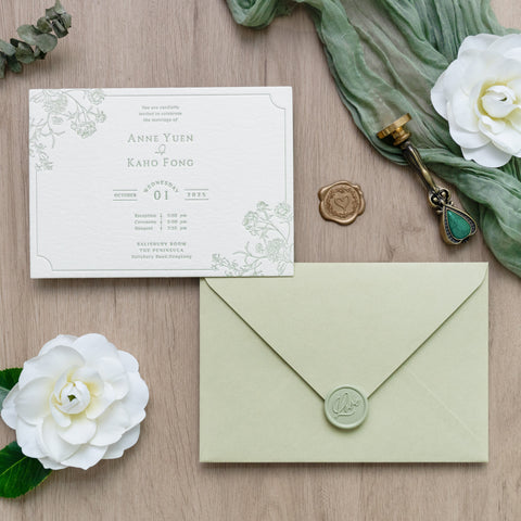 NingsPaper Sage Green Foil Print in Gold Envelopes with Letterpress Floral Wedding Invitation Card