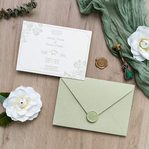 NingsPaper Sage Green Foil Print in Gold Envelopes with Letterpress Floral Wedding Invitation Card