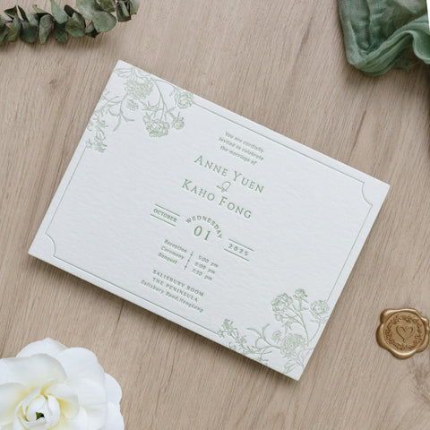 NingsPaper Sage Green Foil Print in Gold Envelopes with Letterpress Floral Wedding Invitation Card