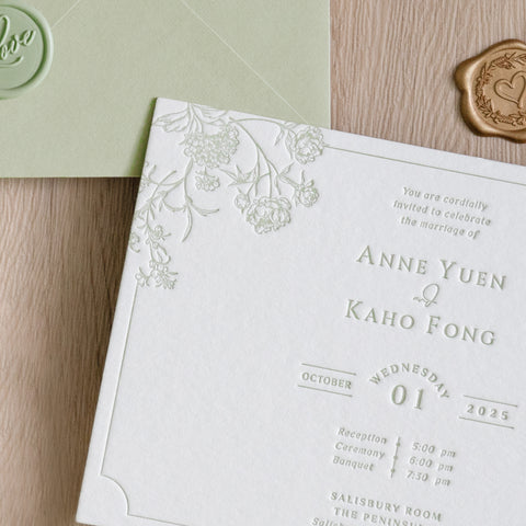 NingsPaper Sage Green Foil Print in Gold Envelopes with Letterpress Floral Wedding Invitation Card