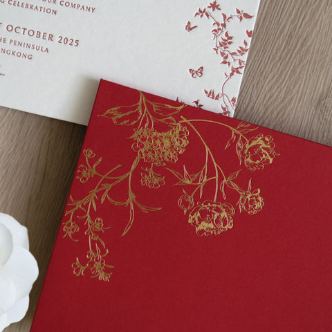 NingsPaper Red Foil Print in Gold Envelopes with Letterpress Floral Wedding Invitation Card