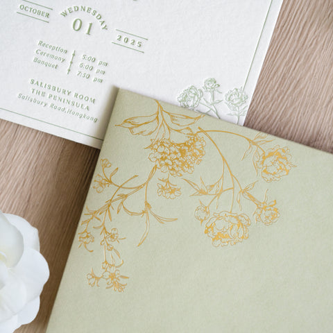 NingsPaper Sage Green Foil Print in Gold Envelopes with Letterpress Floral Wedding Invitation Card