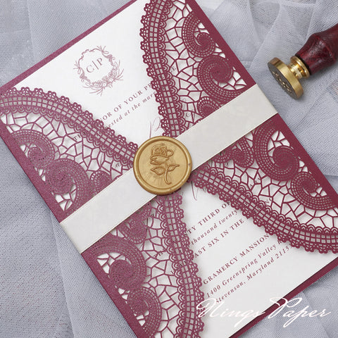 NingsPaper Burgundy Laser Cut Invitation Cards with Ivory Belly Band and Wax Seal