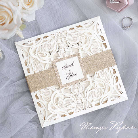 Gorgeous Ivory Laser Cut Wedding Invites Pocket with Glitter Backer and Glitterring Belly Band