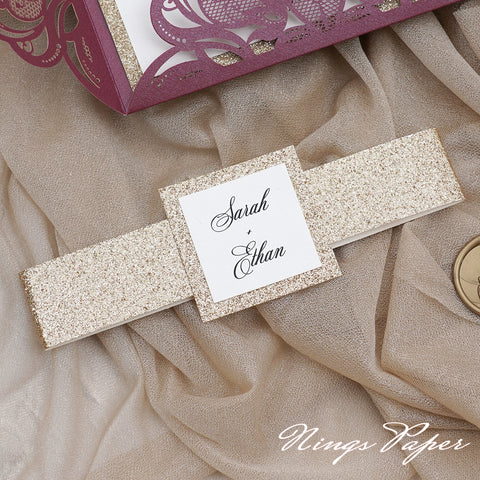 Gorgeous Burgundy Shimmer Laser Cut Wedding Invites Pocket with Glitter Backer and Glitterring Belly Band
