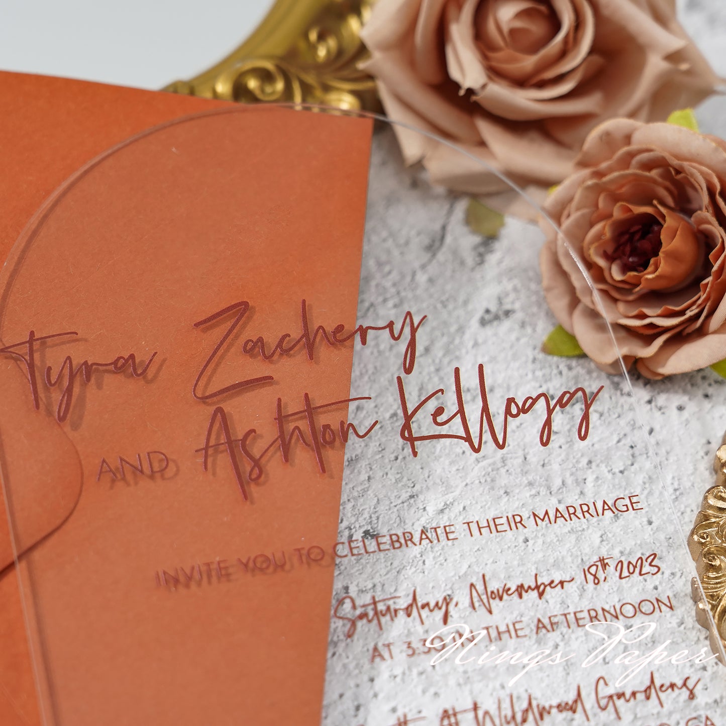 1mm/0.04" Unique Shape Clear Arch Acrylic Wedding Invitation Cards with Burnt Orange Envelope