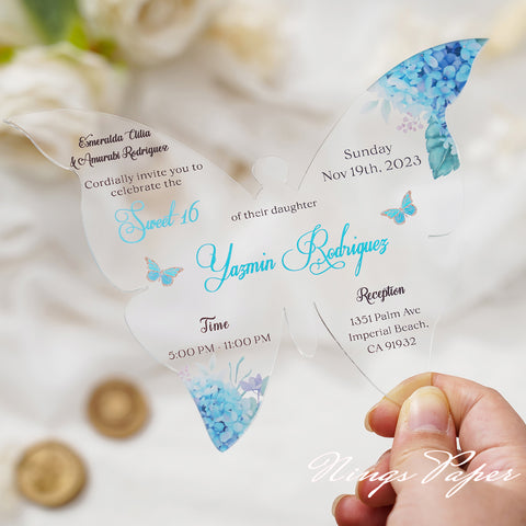 1mm/0.04" Baby Blue Butterfly Clear Acrylic Quinceanera Invitation Card with Envelope