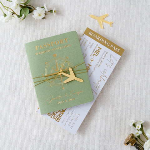NingsPaper Sage Green Wedding Passport Invite & Mirror Tag Passport Invitation Suite
