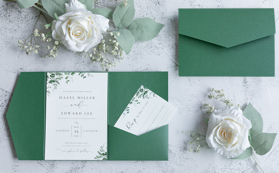 NingsPaper Pearl Emerald Green Triple Folded Wedding Invitation Pocket