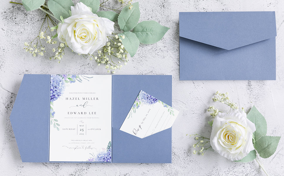 NingsPaper Dusty Blue Triple Folded Wedding Invitation Pocket